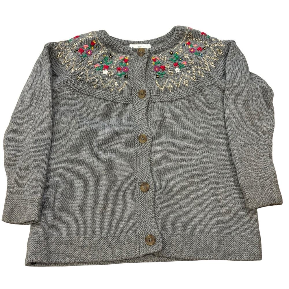 Hanna Andersson Sweater Girls Gray Cotton Cardigan Glitter Floral Embroidery 4T
